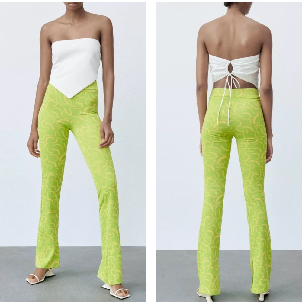 Zara NWT Lime Green & Yellow Knit Flare Jacquard‎ Pant Size Small